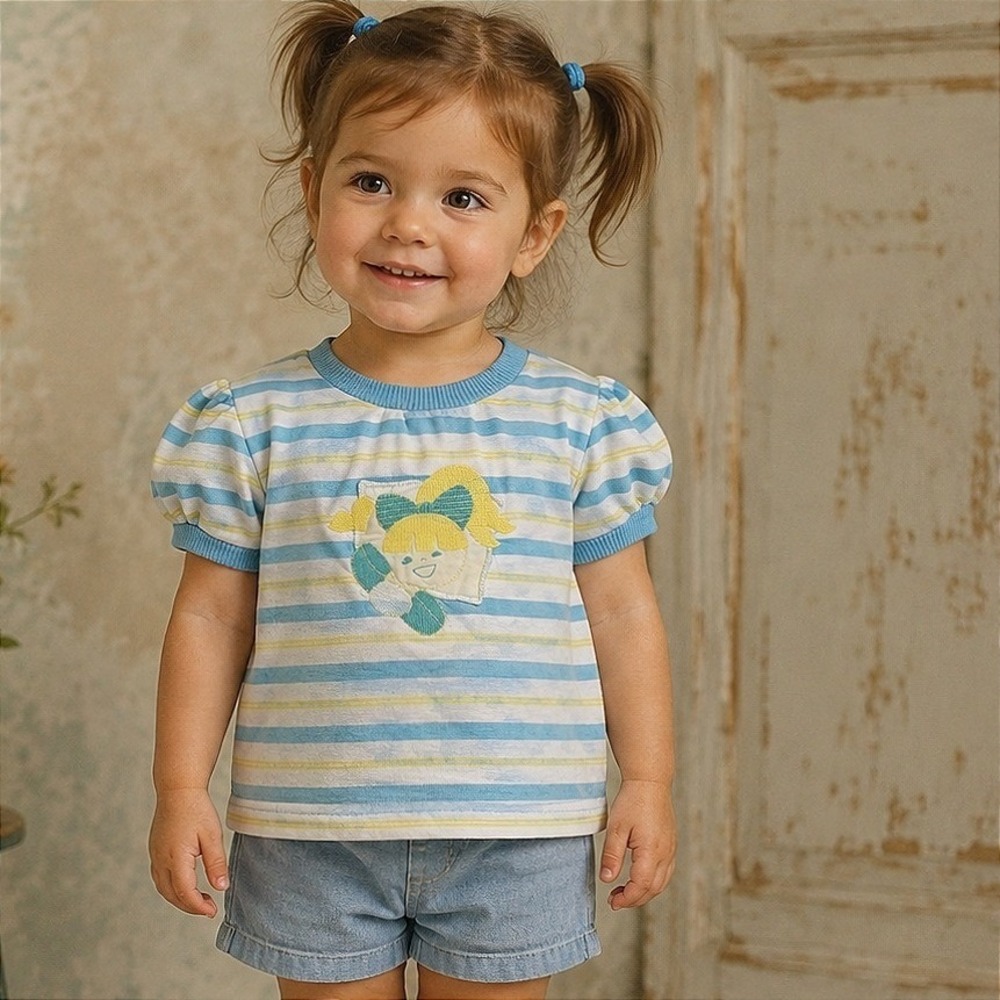 Vintage Health-Tex Toddler Striped Puff Sleeve Embroidered Pullover Shirt Size 5